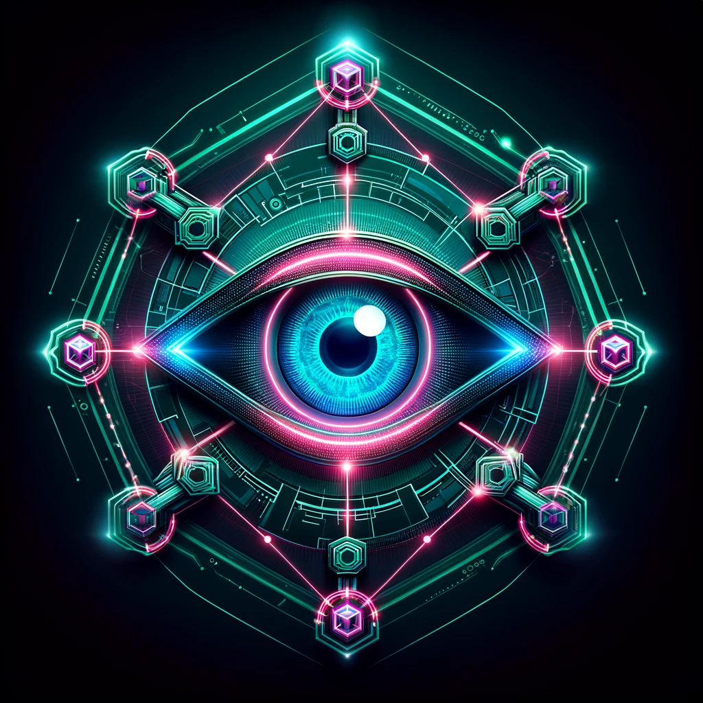 An eye surrounded by interoperable blockchains represented as bocks